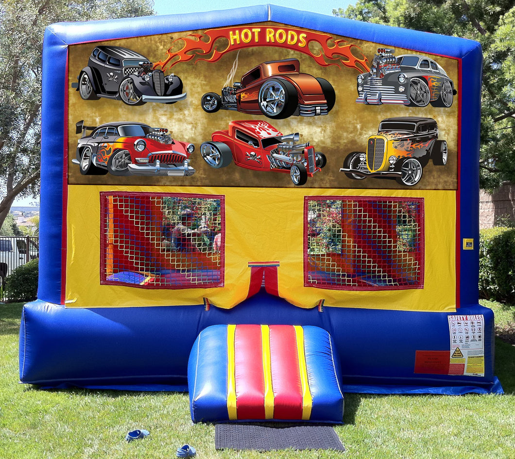 Hot rods cars bounce house theme